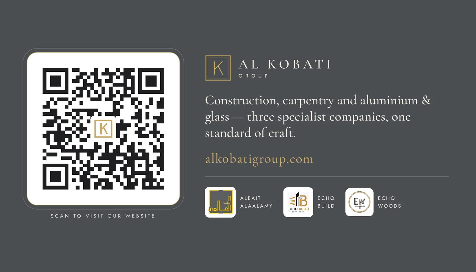 Business card, back: QR code that opens alkobatigroup.com and the three company logos